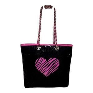 Betsey Johnson Betseyville Black Sequins Animal Print Heart Chain Strap Tote Bag